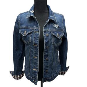 Miss Me Denim Distressed Patchwork Gingham Plaid Jacket‎ Blue Red Black M